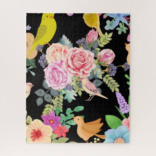 Vibrant Colorful Birds and Flowers Art on Black ジグソーパズル (縦)