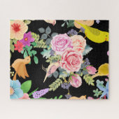 Vibrant Colorful Birds and Flowers Art on Black ジグソーパズル (横)
