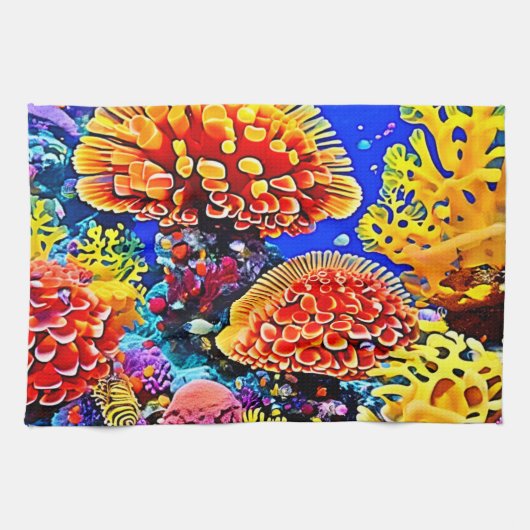 Vibrant Coral Reef Sea Wonder Art キッチンタオル (横)