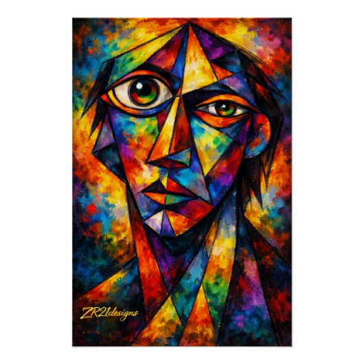 Vibrant Cubist Face Abstract Modern Art Poster ポスター (正面)