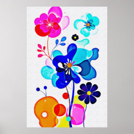 Vibrant Cyan Magenta Abstract Fluid Flowers ポスター