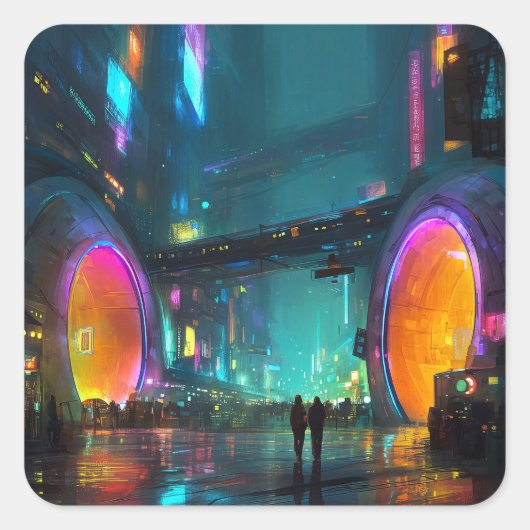 Vibrant Cyberpunk Cityscape with Arches スクエアシール (正面)
