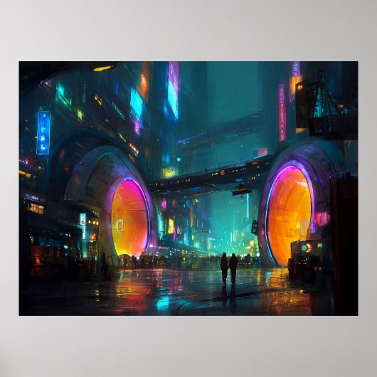 Vibrant Cyberpunk Cityscape with Arches ポスター (正面)