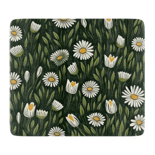 Vibrant Daisy Pattern with Lush Green Accents カッティングボード (正面)