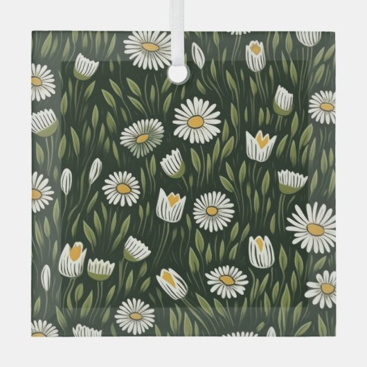 Vibrant Daisy Pattern with Lush Green Accents ガラスオーナメント (正面)