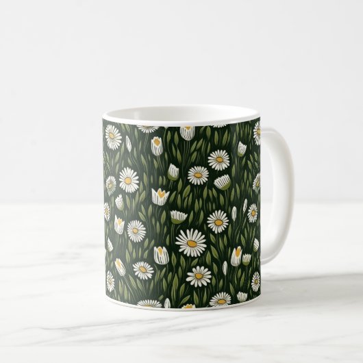 Vibrant Daisy Pattern with Lush Green Accents コーヒーマグカップ (正面右)