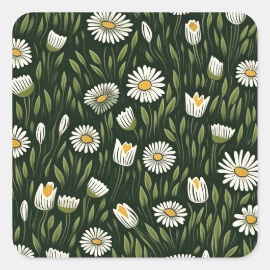 Vibrant Daisy Pattern with Lush Green Accents スクエアシール (正面)