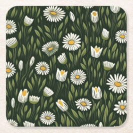 Vibrant Daisy Pattern with Lush Green Accents スクエアペーパーコースター