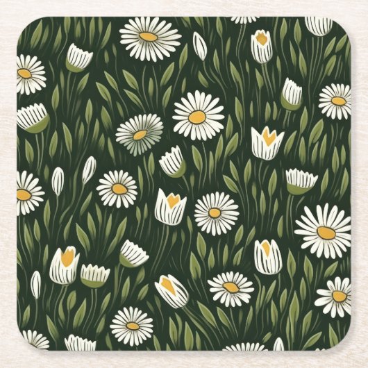 Vibrant Daisy Pattern with Lush Green Accents スクエアペーパーコースター (正面)