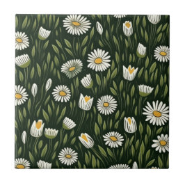 Vibrant Daisy Pattern with Lush Green Accents タイル
