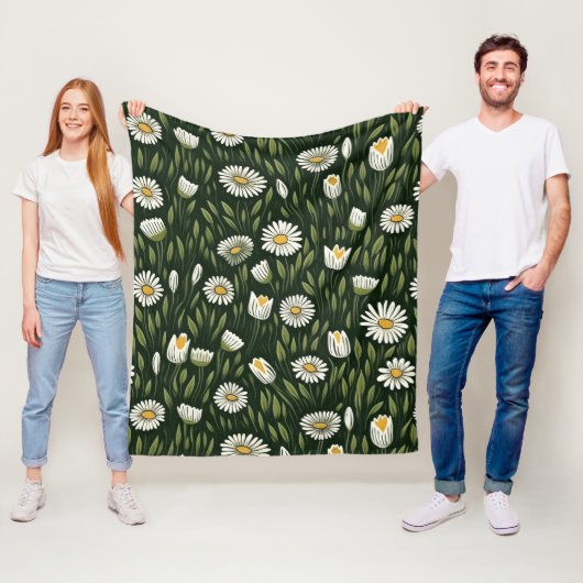 Vibrant Daisy Pattern with Lush Green Accents フリースブランケット (インサイチュ)