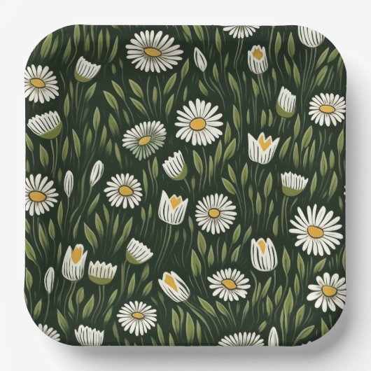 Vibrant Daisy Pattern with Lush Green Accents ペーパープレート (正面)