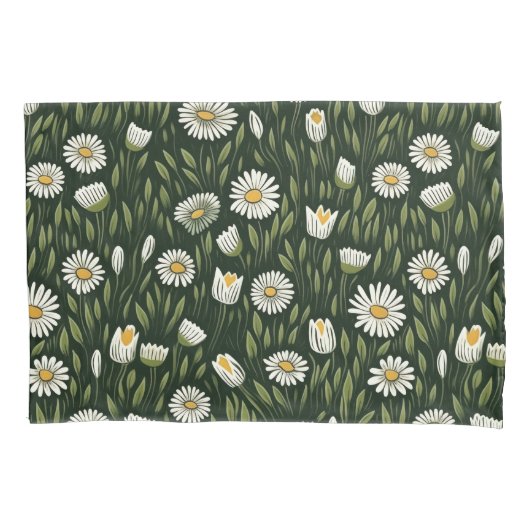Vibrant Daisy Pattern with Lush Green Accents 枕カバー (正面左)
