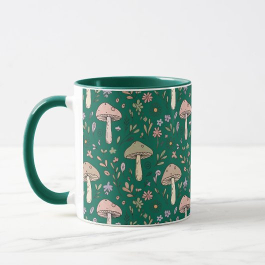 Vibrant Deep Emerald Fungi Seamless Pattern Luxury マグカップ (左)