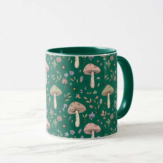Vibrant Deep Emerald Fungi Seamless Pattern Luxury マグカップ (正面右)