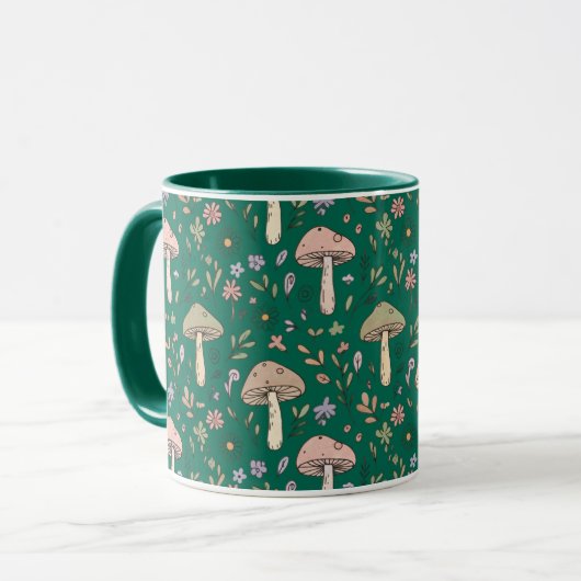 Vibrant Deep Emerald Fungi Seamless Pattern Luxury マグカップ (正面左)