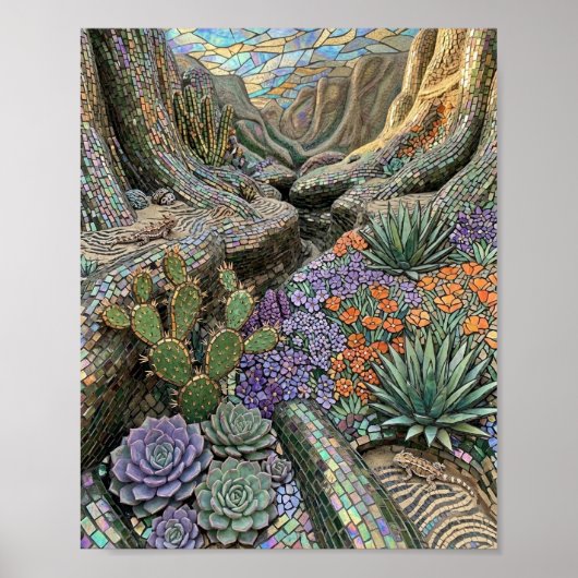 Vibrant Desert Bloom Cactus & Succulents Mosaic Wa ポスター (正面)