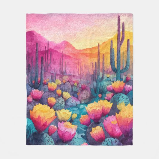 Vibrant Desert Sunset Cactus Bloom Blanket フリースブランケット (正面)