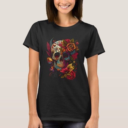 Vibrant Dia de los Muertos Skull Tシャツ (正面)
