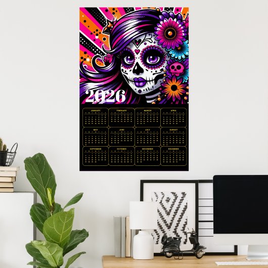 Vibrant Día de los Muertos Sugar Skull Art  ポスター (ホームオフィス)