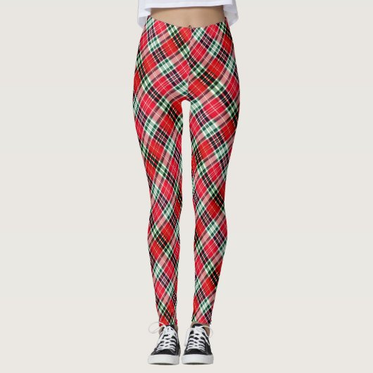 Vibrant Diagonal Christmas Plaid Red Green レギンス (正面)