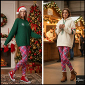 Vibrant Diagonal Pink Magenta Tartan Plaid レギンス