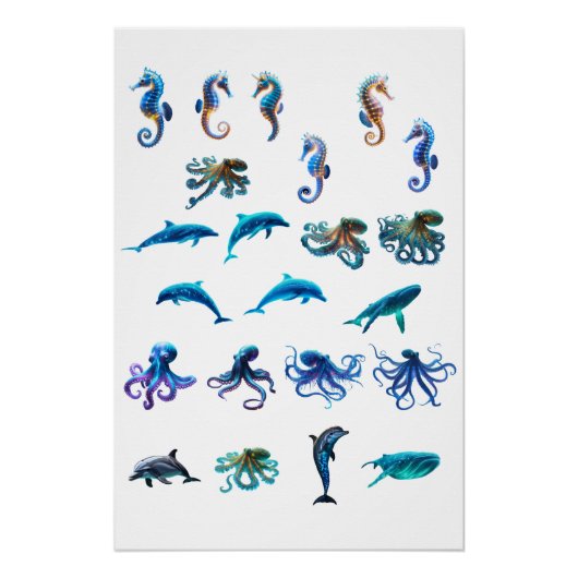 Vibrant Digital Collage of Sea Creatures in a Colo ポスター (正面)