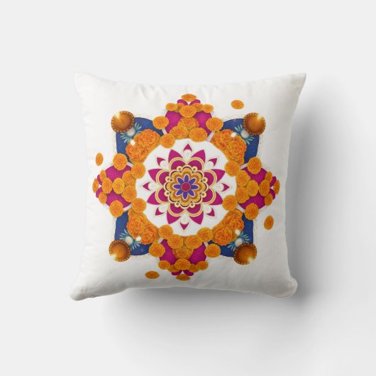 Vibrant Diwali Marigold Rangoli Pillow Cover クッション (裏面)