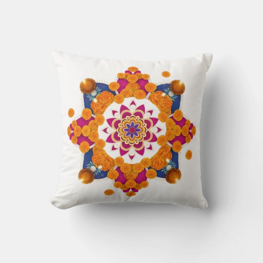 Vibrant Diwali Marigold Rangoli Pillow Cover クッション (正面)