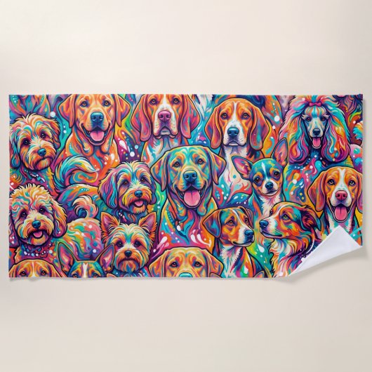 Vibrant Dog Dreamscape – Psychedelic Boho ビーチタオル (正面)