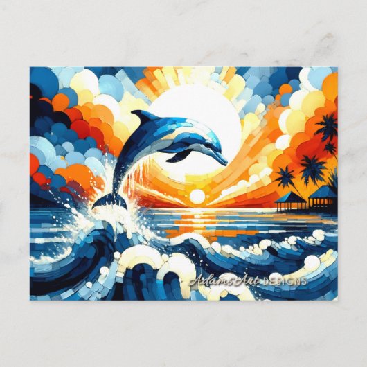 Vibrant Dolphin Sunset Splash シーズンポストカード (正面)