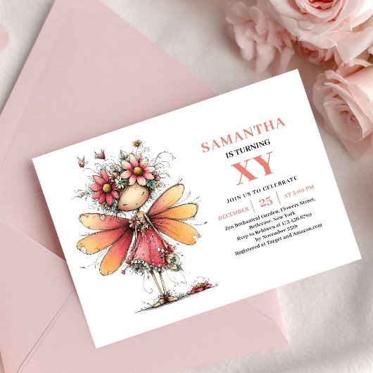 Vibrant Fairy Girl Birthday Pink Floral invitation 招待状
