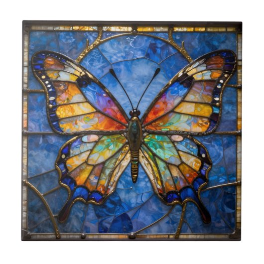 Vibrant Faux Stained Glass Butterfly Mosaic Art タイル (正面)