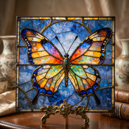 Vibrant Faux Stained Glass Butterfly Mosaic Art タイル