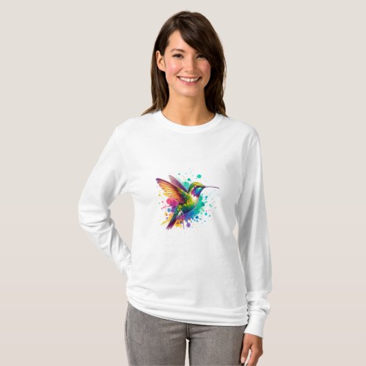 Vibrant Flight – Watercolor Hummingbird Explosion Tシャツ (正面フル)