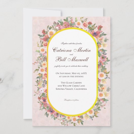 Vibrant Floral Arch Gold Frame Wedding Invitation 招待状 (正面)
