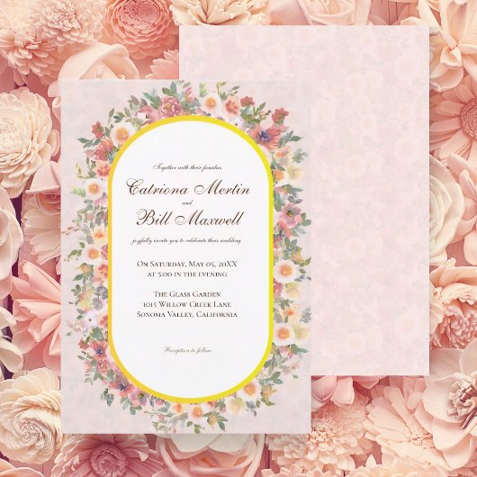 Vibrant Floral Arch Gold Frame Wedding Invitation 招待状