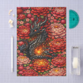 Vibrant Floral Black Dragon Stained Glass Design 薄葉紙 (クラフト)