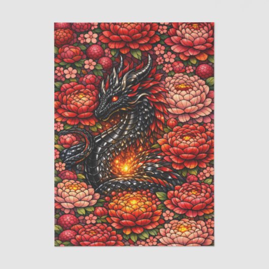 Vibrant Floral Black Dragon Stained Glass Design 薄葉紙 (正面)