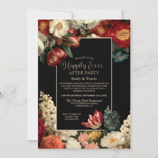 Vibrant Floral Black Happily Ever After Party 招待状 (正面)