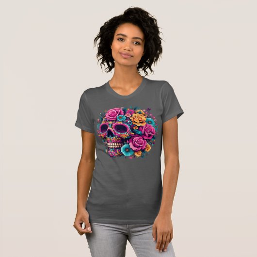 Vibrant Floral Day of the Dead Skull Tシャツ (正面フル)
