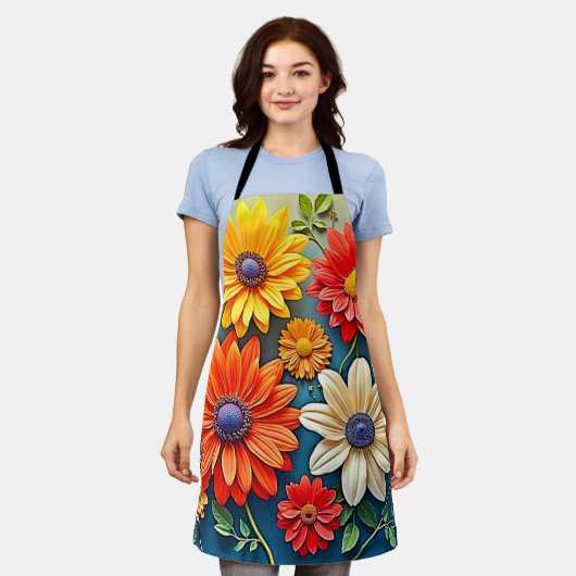 Vibrant Floral Fantasy Design エプロン (着用した状態)