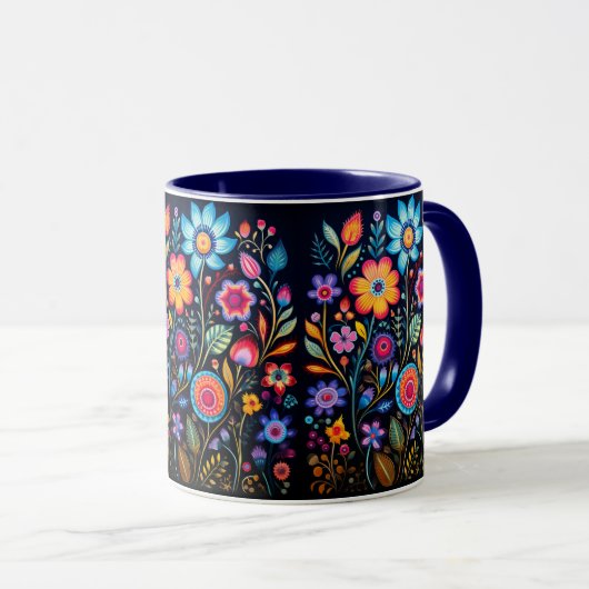 Vibrant Floral Garden Black Ceramic Combo Mug マグカップ (正面右)
