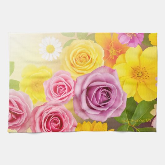 Vibrant Floral Gradient Art – Pink Yellow Purple キッチンタオル (横)