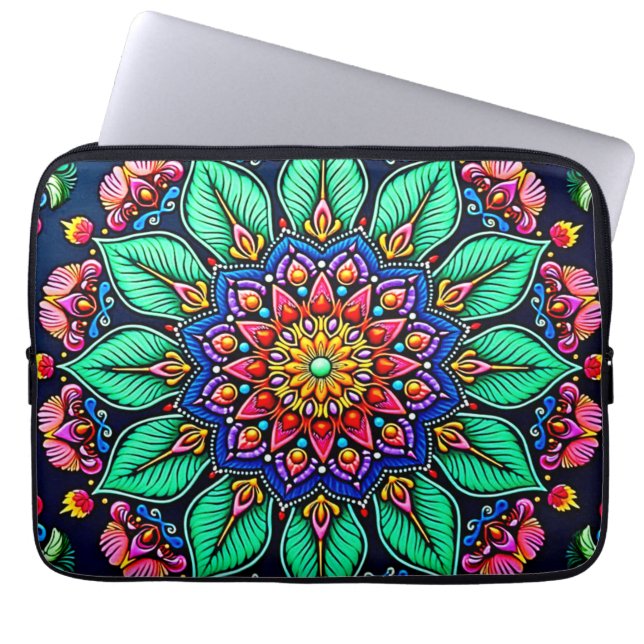 Vibrant Floral Mandala Art ラップトップスリーブ (正面)