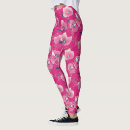 Vibrant Floral Pattern in Pink, White & Royal B    レギンス