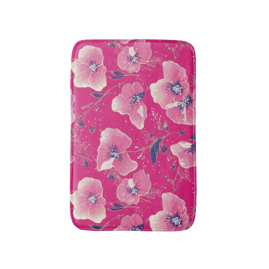 Vibrant Floral Pattern in Pink, White & Royal Blue バスマット (正面縦)