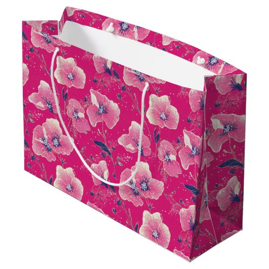 Vibrant Floral Pattern in Pink, White & Royal Blue ラージペーパーバッグ (裏面アングル)
