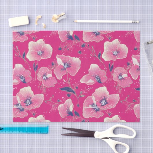 Vibrant Floral Pattern in Pink, White & Royal Blue 薄葉紙 (クラフト)