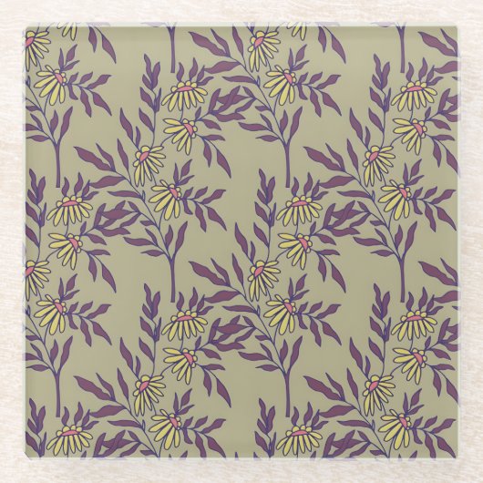 Vibrant Floral Pattern with Yellow Daisies  ガラスコースター (正面)